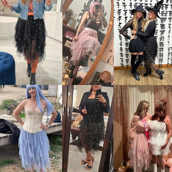 Tulle Sequin BlackSkirts for Women High Waist Elastic Midi Skirt Mesh Tutu Skirt - Picture 5 of 5